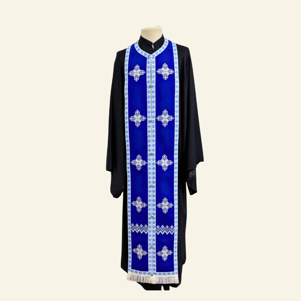 Epitrahil-preot-albastru-traditional Epitrahil preotesc albastru traditional brodat - imagine 1